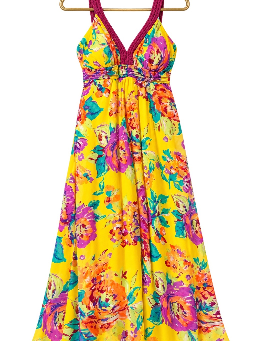 Soft Surroundings Yellow Floral Maxi Dress with Purple Trim